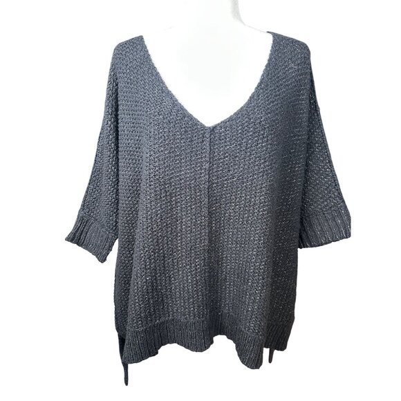 Free People V Neck Sweater Knit Pullover Black Slouchy Cozy Cat Lagenlook Boho - Picture 11 of 13